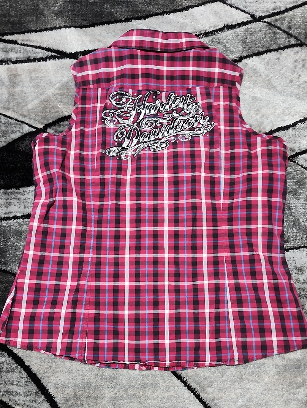 HARLEY DAVIDSON EMBROIDERED STUDDED SNAP-BUTTON PLAID SLEEVELESS SHIRT
